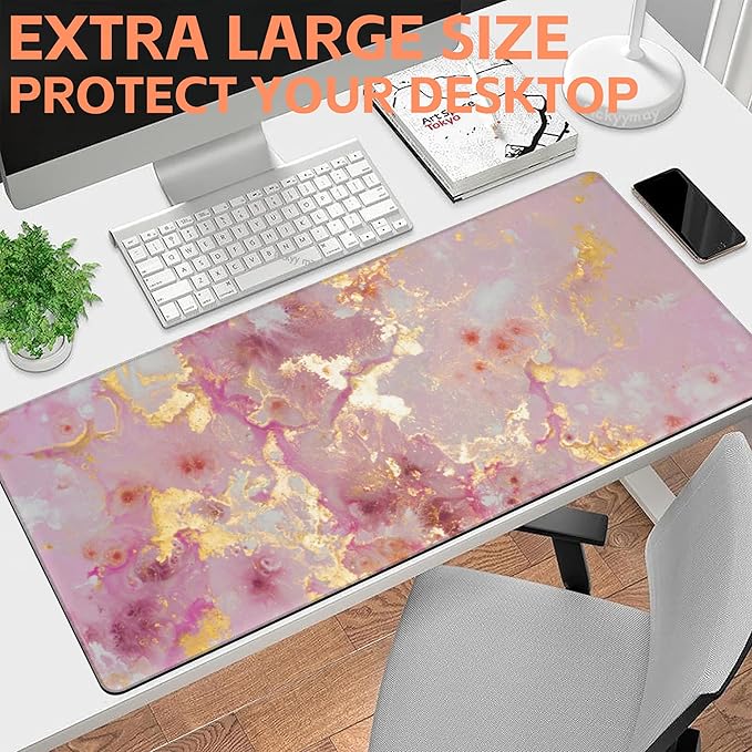 NIYLYNSYN Mouse Pad Large Pink and Gold Marble Non-Slip Gaming Desk Mat with Stitched Edge Laptop Keyboard Desk Pad for Work Home Gaming (35.4 x 15.7 Inches)