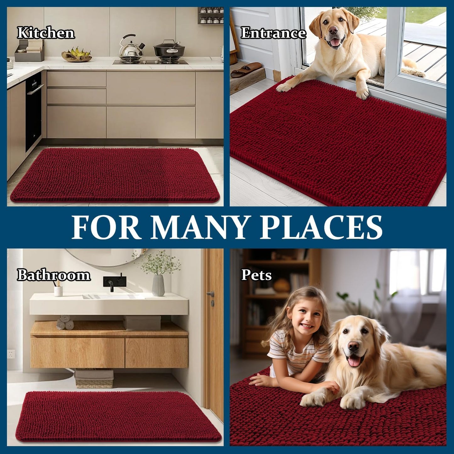 OLANLY Dog Door Mat - Absorbent Non-Slip Washable Chenille Mat for Muddy Paws | 59x20 Inches, Red