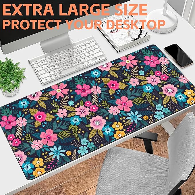 NIYLYNSYN Mouse Pad Large Bright Colorful Flowers Non-Slip Game Desk Mat with Stitched Edge Laptop Keyboard Desk Pad for Work Home Gaming (35.4 x 15.7 Inches)