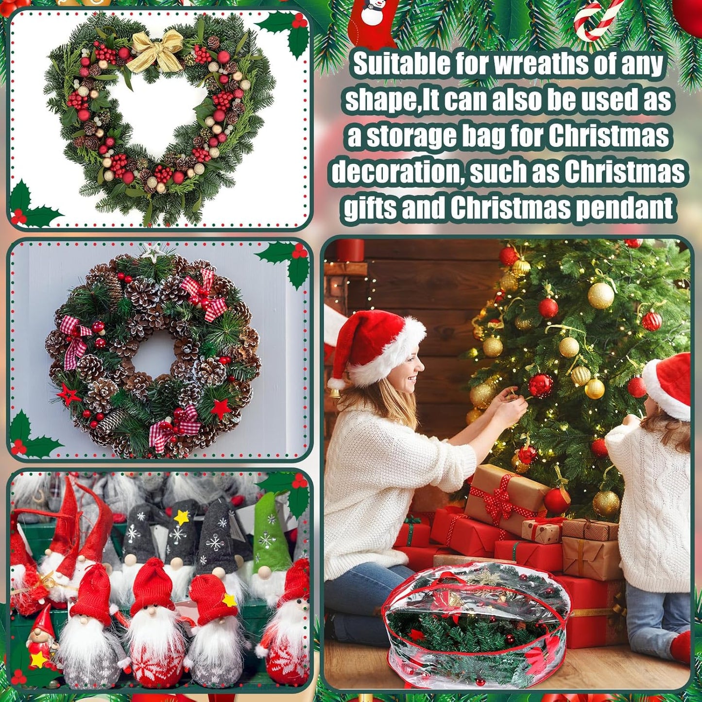 Shappy 24-Inch Clear Christmas Wreath Storage Bag - Durable Plastic with Dual Zippers & Reinforced Handles | Red
