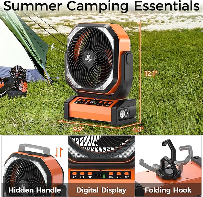 Camping Fan with Light - 20000mAh Rechargeable Battery Tent Fan, 112Hrs Max, 8 Speeds, Digital Display, Timer, Auto Oscillation, 270° Pivot & Hook for Garage, RV, Hurricane, Co-Branded with MORECORE