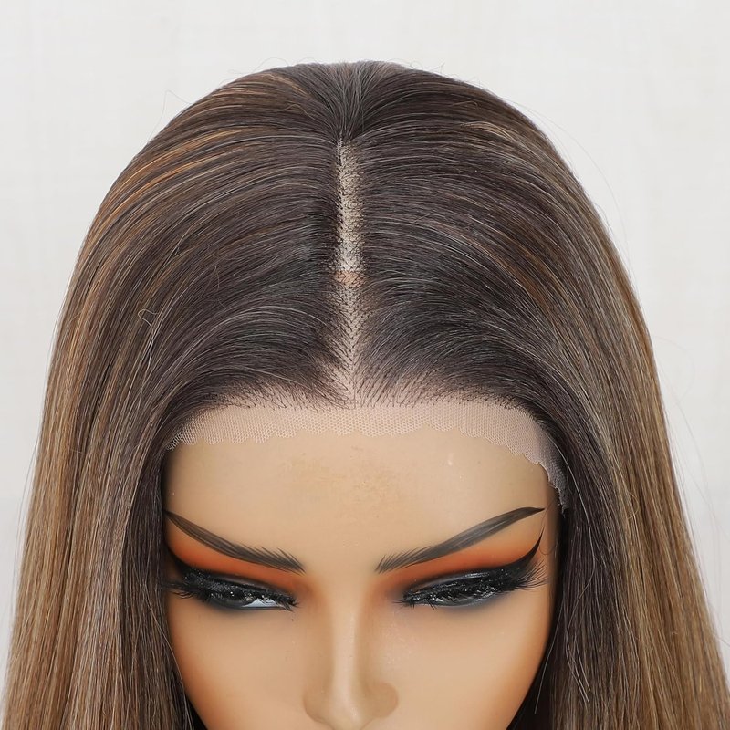 HD Synthetic Lace Front Wig for Black Women - 26-Inch Straight Layered Honey Blonde with Black Skunk Stripe