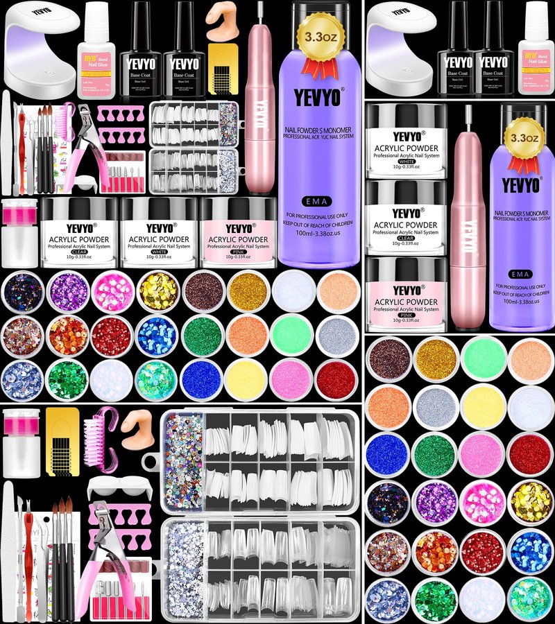 Acrylic Nail Kit with Drill and UV Light, Nail Kit for Beginner with Everything, 24 Glitter Acrylic Powder Monomer Liquid Set with Drill for for Home Nail Salon
