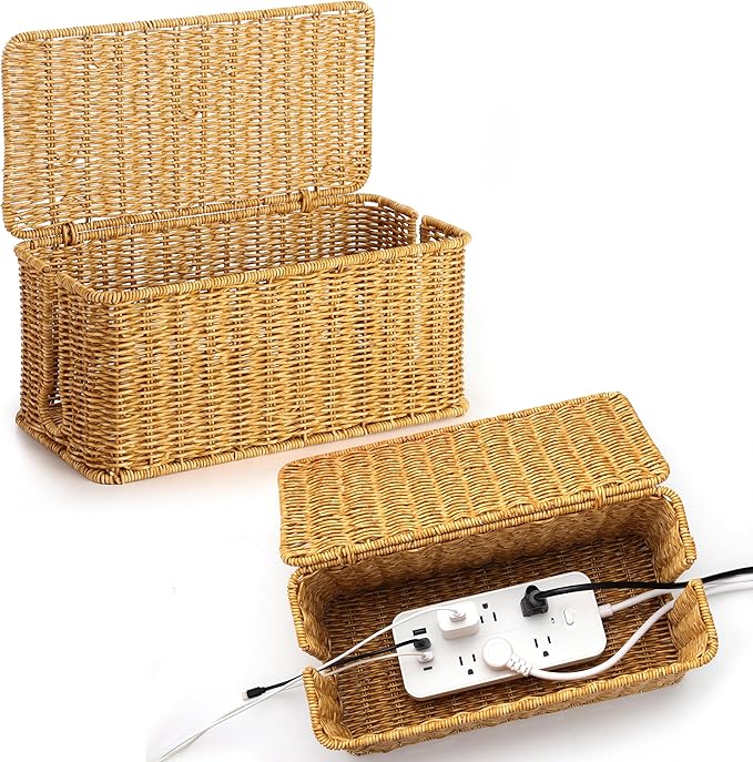 ZhiYo Rattan Cable Management Box, Cord Organizer, Nature, 2 Pack (M&L)