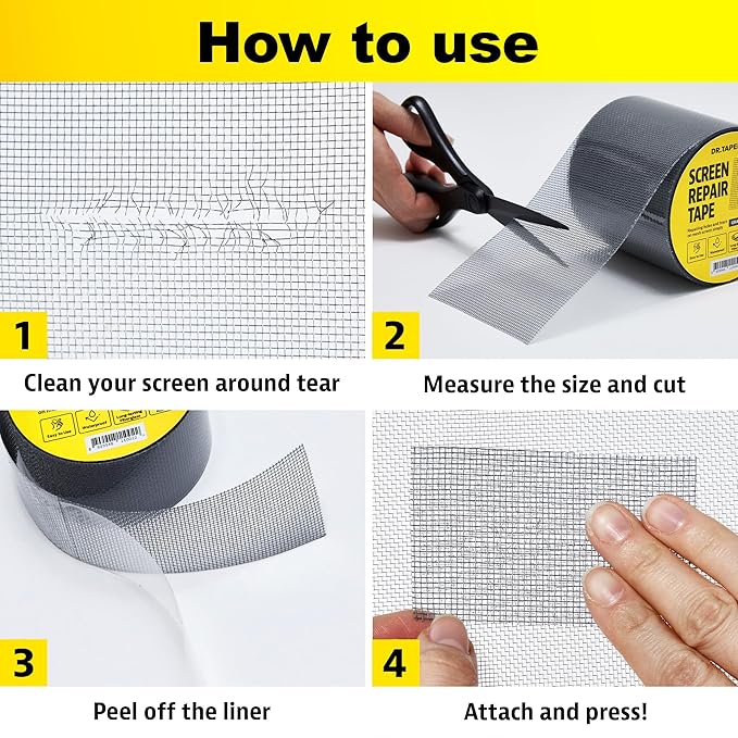 DR.TAPELAB, Grey Window Screen Repair Tape, 4 in X 15 FT, Screen Repair Kit for Windows or Doors, Strong Adhesive Patch Kit Fiberglass Mesh Tape