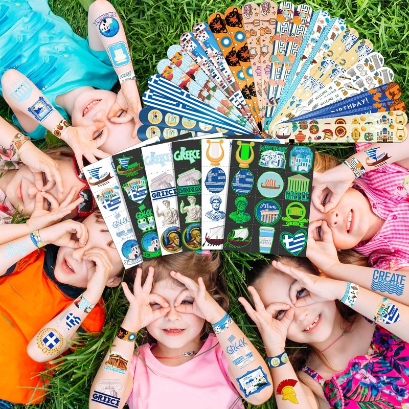 96 PCS Greek Mythology Party Favors Set β 72 Pre-Cut Temporary Tattoos & 24 Slap Bracelets, Perfect for Cultural Festivals & Travel-Inspired Celebrations