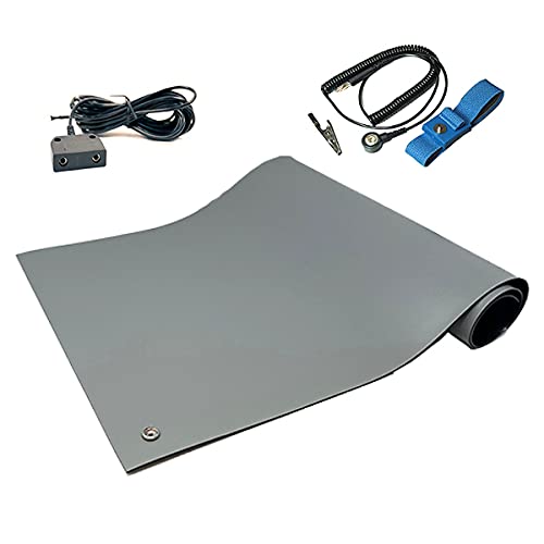 RubberStat Dual Layer ESD Compliant Workstation Rubber Table Mat Kit, Soldering, Cell Phone Repair, with Wrist Strap Set and Ground Cord - 36"x60" Grey