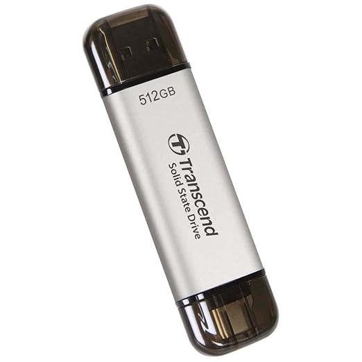 Transcend ESD310 512GB External SSD, Up to 1,050MB/s, Dual USB Flash Drive for iPhone/iPad/Mac/Windows/Android/Tablet/PC, USB3.2Gen2 Thumb Drive Photo Stick, 2-in-1 Type C &Type A Memory Stick-Silver