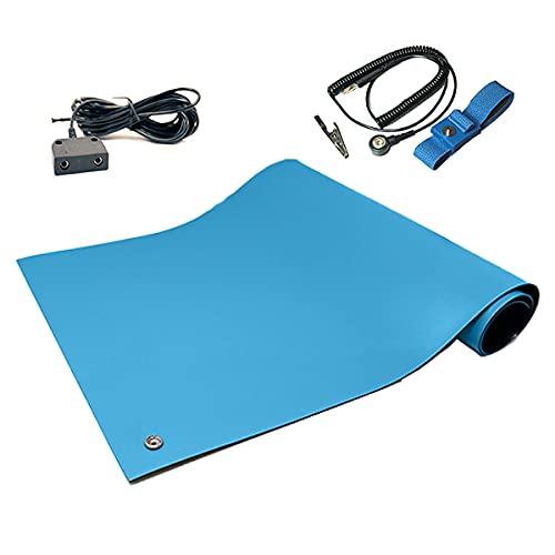 RubberStat Dual Layer ESD Compliant Workstation Rubber Table Mat Kit, Soldering, Cell Phone Repair, with Wrist Strap Set and Ground Cord - 24"x30" Blue