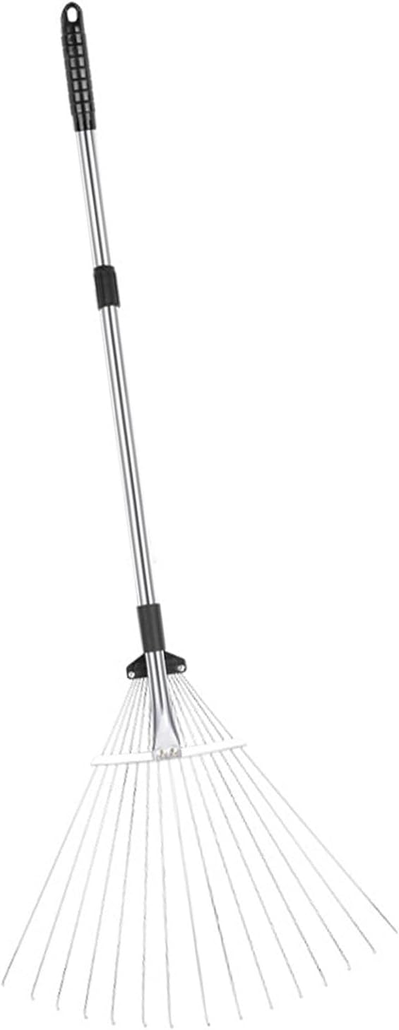 Adjustable Collapsible Garden Leaf Rake Aluminum Alloy Lawn Yard Rake for Leaf Cleaning Flower Bed and Outdoor Gardening (15 Teeth 81â160cm Length 18.5â55.5cm Width)