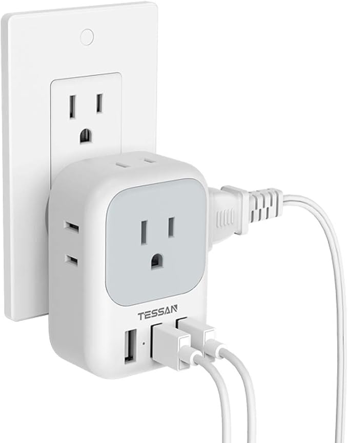TESSAN USB C Charger Block 20W PD, Fast Charging Adapter with Foldable Plug, 1875W Power Outlet Extender(4 AC and 4 USB) for Cruise, Home, Office, Dorm Room Essentials, Grey