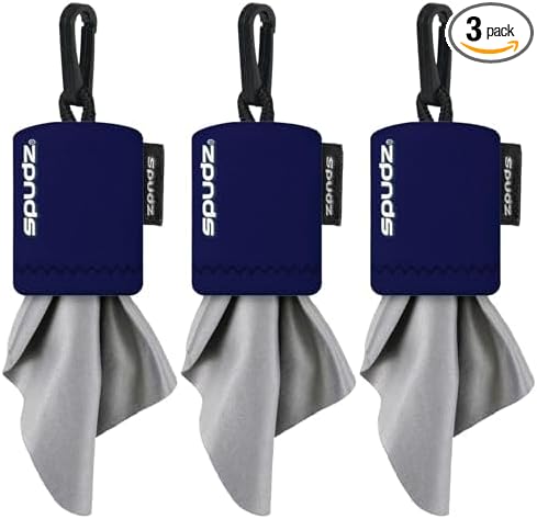 SPUDZ Classic Microfiber Lens Cleaner – Clip-On Pouch, Washable – for Binoculars, Scopes, Glasses, Screens | Classic | Navy Blue, 6 x 6 Inch (3-Pack)