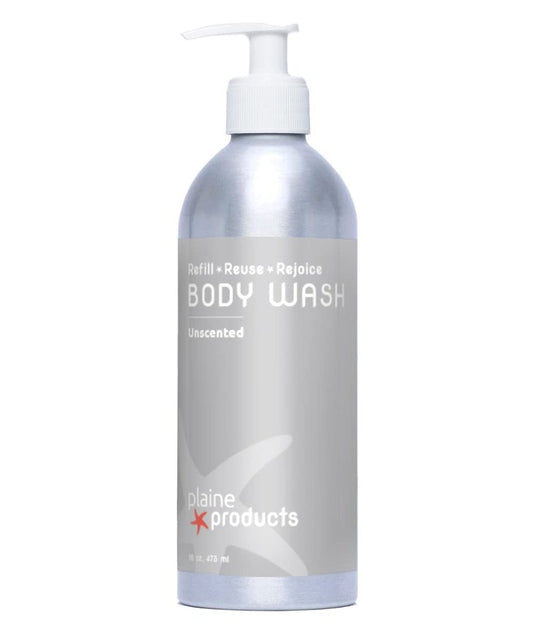 Plaine Products Eco-Friendly Body Wash - Unscented - Sulfate/Paraben/Phthalate Free, 16 oz (Refillable Aluminum Bottle with Pump)