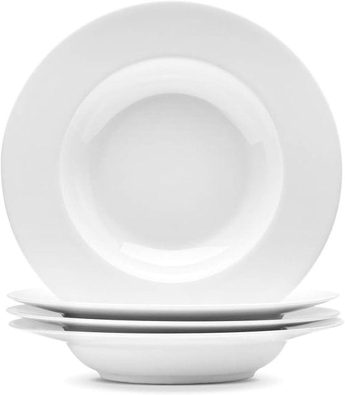 Artena Pasta Bowls Set of 4 - Elegant White Porcelain Wide Rim Soup & Salad Bowls | Microwave & Dishwasher Safe