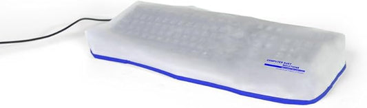 COMPUTER DUST SOLUTIONS Keyboard Dust Cover, Covers Standard Size PC Keyboards, Silky Smooth Antistatic Vinyl, Translucent Coconut Cream Color with Blue Trim, Larger, (18W x2H x7D)