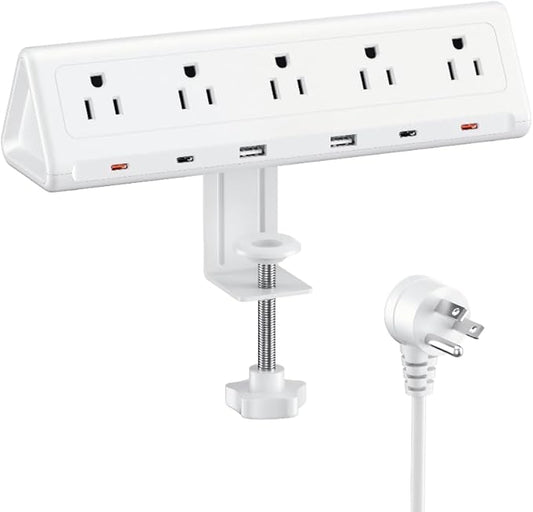 6.5 FT Desk Clamp Power Strip with 5 AC Outlets & 6 USB Ports PD 40W USB-C Fast Charging, 1250J Surge Protector, Fits 2.1 in top Edge White