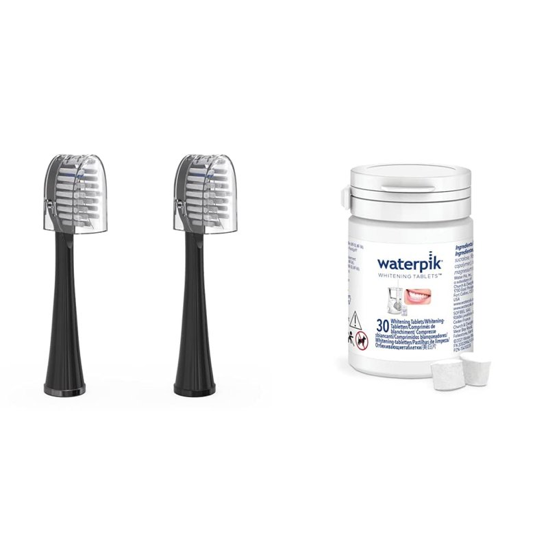 Waterpik Full Size Brush Heads with Covers for Toothbrush, Black, Pack of 2 & Whitening Water Flosser Refill Tablets for Whitening Flosser, Pack of 30