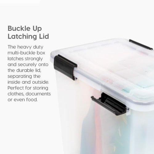IRIS USA WeatherPro 41 Qt Storage Bins - BPA-Free Plastic, Stackable & Nestable with Tight Seal | Clear/Black, 4 Pack