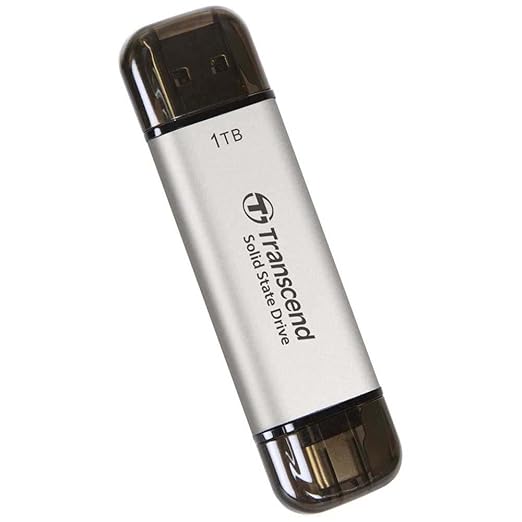 Transcend ESD310 1TB External SSD, Up to 1,050MB/s, Dual USB Drive for iPhone17,16,15, iPad&Mac/Pixel10/Tesla/Steam Deck/ROG Ally/MSI Claw/Android/PS5, 2-in-1 TypeC &A, USB3.2Gen2 Portable SSD-Silver