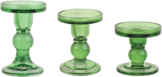 Skiennix 3-Piece Green Glass Candlestick Set - Elegant Crystal Holders for Weddings & Home Decor