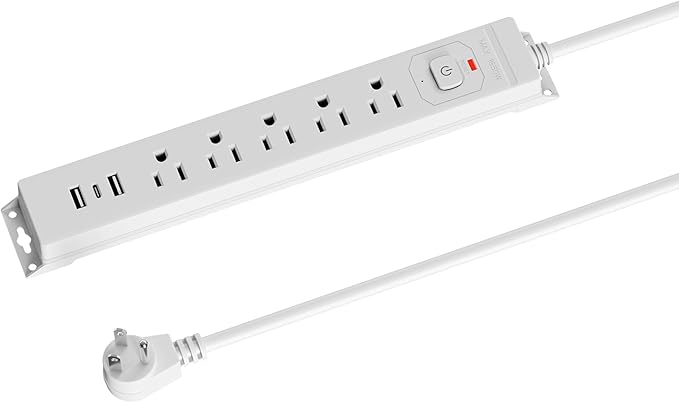 10 Ft Power Strip Surge Protector with USB Ports, Flat Plug Extension Cord, 5 AC Outlets and 3 USB Charging Ports, Wall Mountable for Home, Office, Dorm