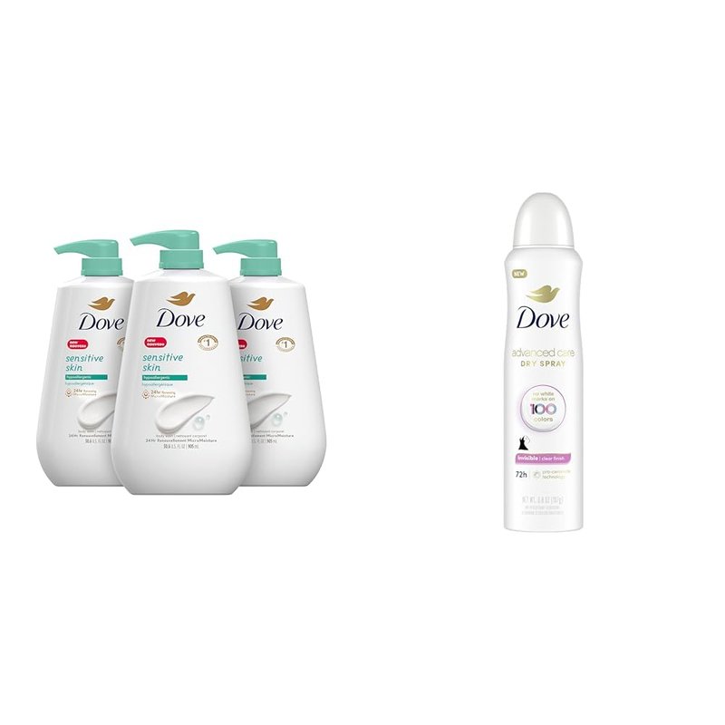 Dove Sensitive Skin Body Wash - Gentle Cleansing Formula | 30.6 Fl Oz (Pack of 3) & Advanced Care Antiperspirant Spray with Pro-Ceramide Technology