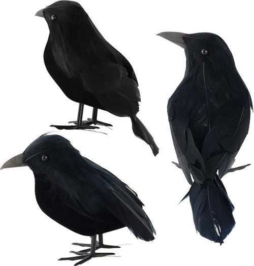 AEVBSOY Black Feathered Crows - Realistic Handmade Halloween Decorations | 3 Pack for Indoor/Outdoor Use