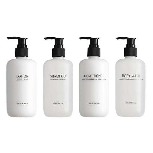 Shampoo Conditioner Body Wash and Lotion Kit 4 Pump Bottles Per Case Each 10.14 Fl oz/300 ML Aloe vera, Green Tea Extract Infused Hotel Toiletries