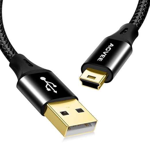 AGVEE 1ft Mini USB Cable, Braided Durable USB-A to Mini-B Charger Charging Cord for TI-84, Garmin GPS, Go-Pro Hero 4 3 2 HD, PS3 Controller, Canon Camera, Blue Yeti Microphone, Black