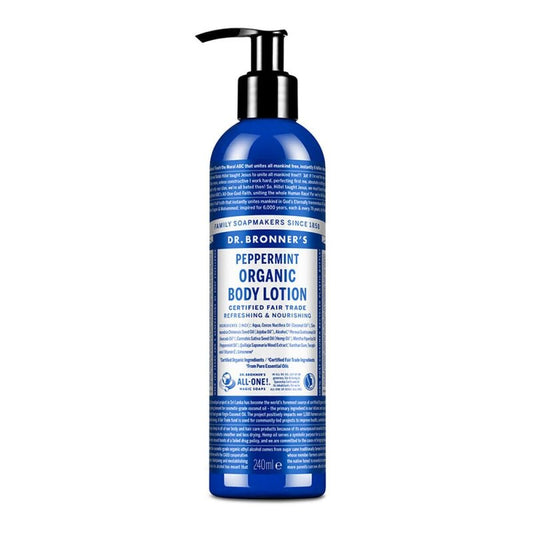 Dr Bronner's Organic Peppermint Hand and Body Lotion, Made with Organic Oils, Used for Face and Body, Certified Fair Trade & Vegan Friendly, 236ml Recycled Bottle