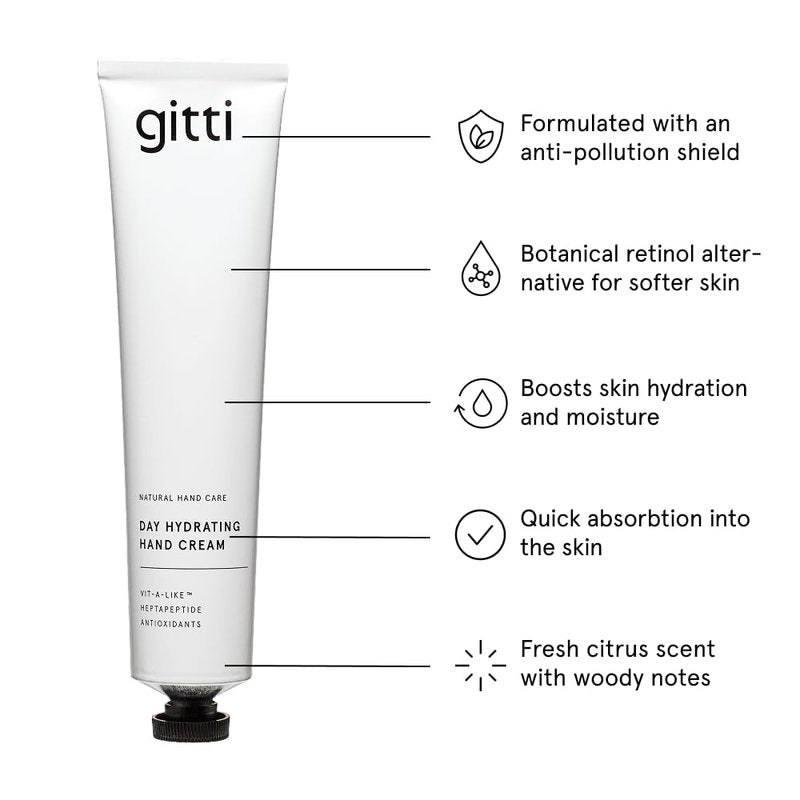 gitti Day Hydrating Cream I Natural Hand Care, Non-Toxic, 98% Natural Origin, Cruelty-Free, Vegan, Botanical Retinol Alternative, Hydrates Skin, Anti-Pollution Effect, Citrusy-woody Scent (2.53 fl oz)