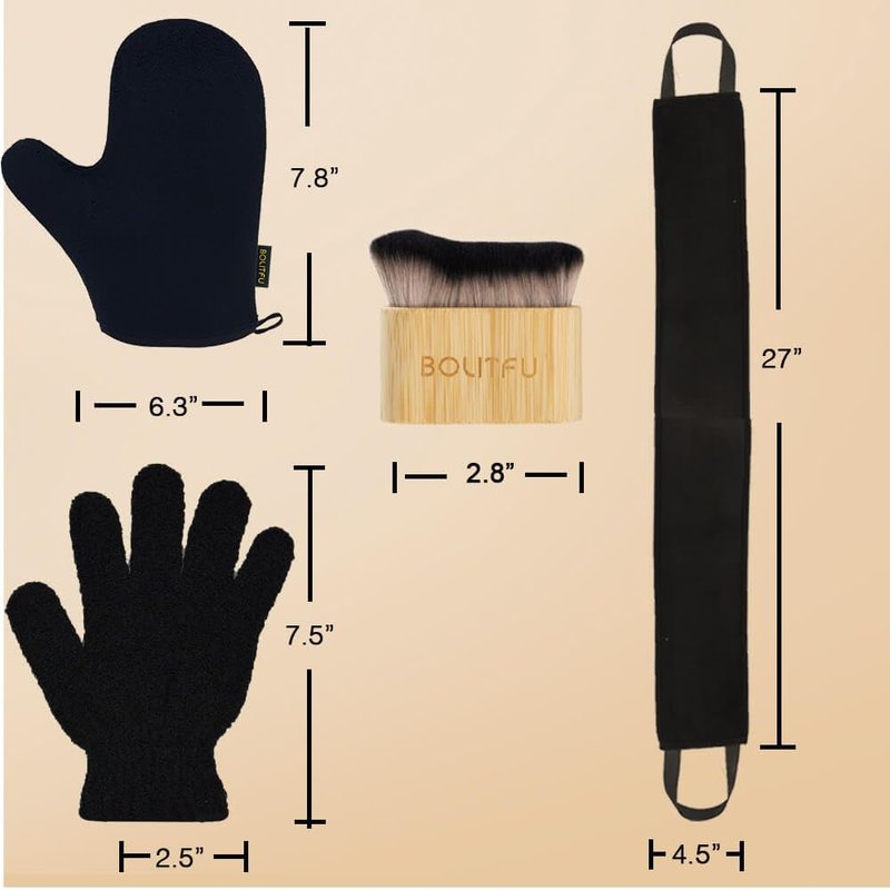 4 Pack Self Tanning Mitt Applicator Kit - 1 Self Tan Mitt, 1 Back Tanning Applicator, 1 Ultra Soft Self Tanner Brush, 1 Exfoliating Glove, for Sunless Streak-Free Fake Tan (Black)