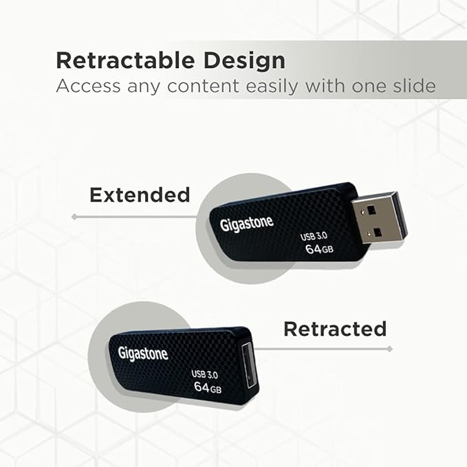 GIGASTONE 64GB USB 3.2 Flash Drive, 80MB/s High-Speed Data Transfer, Carbon Fiber Design, Retractable