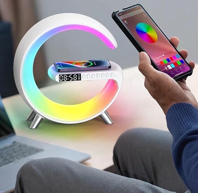 Boenim Smart Table Lamp with 4-in-1 Wireless Charger, Night Light, Bluetooth Speaker, Alarm Clock, App Control, Office, Bedroom, Home Decor (Black)