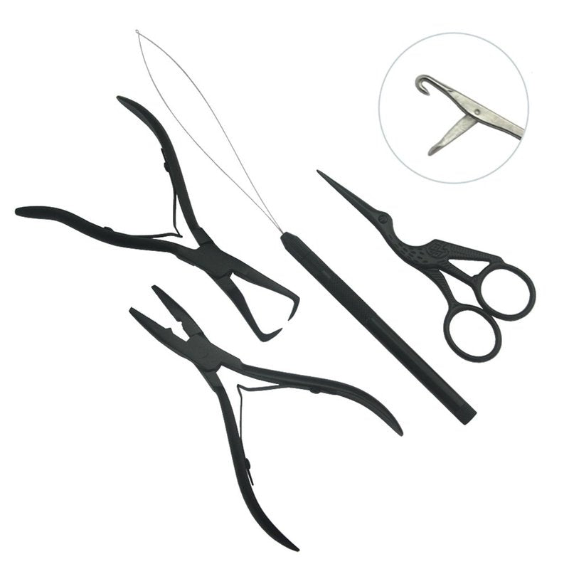 Hair Extension Beading Tool Kit Hair Extensions Micro Link Bead Closer and Remover Pliers and Cutting Scissors Set, Link Micro Ring Loop Needle Pulling Hook Threader Wire for Silicone Rings(Black)