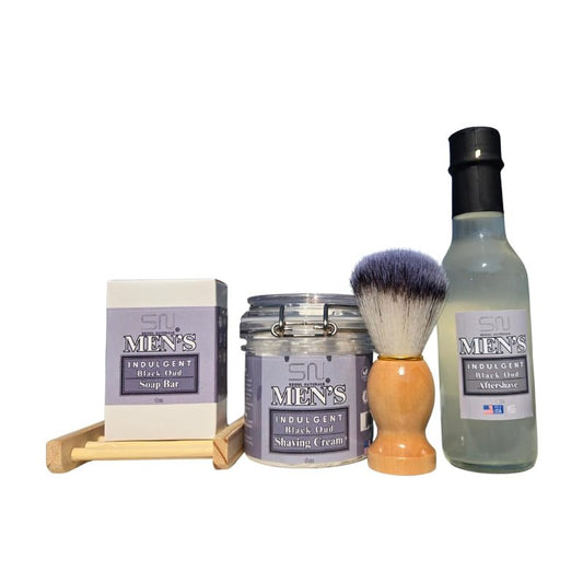 Seoul Naturals Men's Grooming Kit, Indulgent Black Oud, 5 Piece Set with Shaving Cream, Barber Brush, Aftershave, Soap Bar and Soap Saver, k beauty
