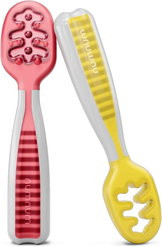 NumNum Baby Spoons Set - Silicone Self-Feeding Utensils for 6+ Months | BPA-Free, 2 Pack Red/Yellow