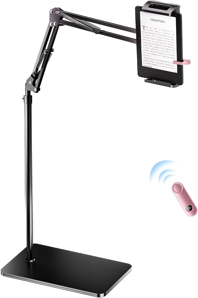 UNIBITRI Floor Stand for Kindle with Remote Page Turner, Holder Stand for Reading in Bed with Clicker – for Kindle Paperwhite, Oasis,Tablet, iPhone and More 4.7-11 inch,Pink Remote