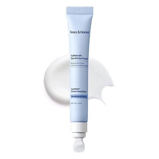 TEREZ & HONOR 8% Caffeine Eye Cream with SLIMEXIR™ & Korean Herbal Blend – Dermatologist Tested Formula for Dark Circles, Puffiness, Eye Bags & Wrinkles with Gua Sha Applicator, 0.67 fl oz
