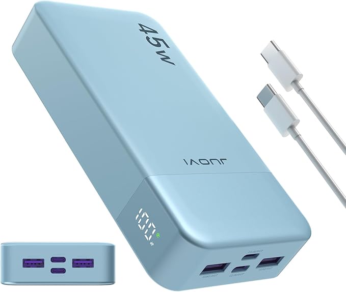 JUOVI Power Bank, 20000mAh 45W Portable Charger, PD3.0 QC4.0 Fast Charging with LED Display, 2 USB-C, 2 USB-A, Battery Pack for iPhone 15 14 13 Series, MacBook, Galaxy, iPad, and More (Blue)