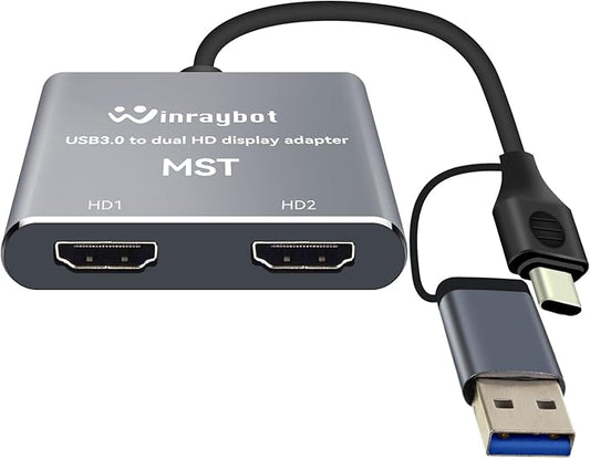 WinRaybot USB to HDMI Adapter for 2 Monitors-USB3.0 to Dual hdmi for 3 Monitors-USB to HDMI with Two HD Displau Supports Mac & Windows/Dual HDMI Extender -External Video & Graphics Card Adapter