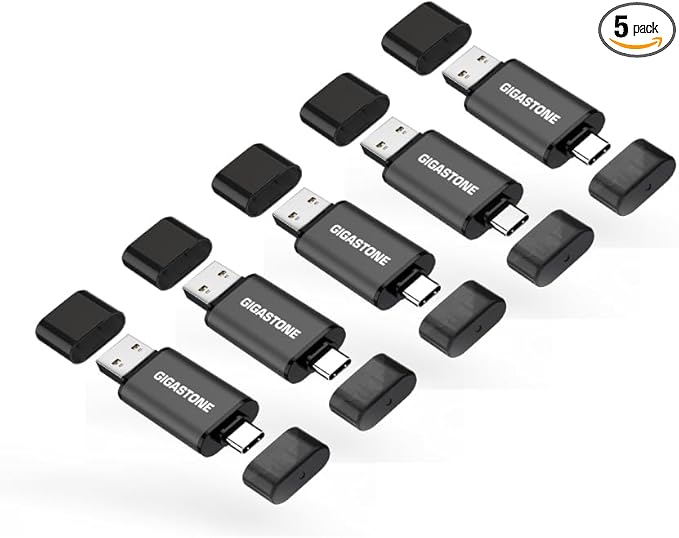 GIGASTONE 64GB Dual USB Flash Drive 5-Pack, USB 3.2 Gen 1, 2-in-1 USB C+A, Speed Up to 100MB/s, Head Cap Design Thumb Drive, Plug & Play for Smartphone/PC/Mac/TV/Car Audio, USB 2.0/3.0/3.1 Compatible