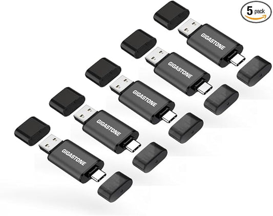 GIGASTONE 64GB Dual USB Flash Drive 5-Pack, USB 3.2 Gen 1, 2-in-1 USB C+A, Speed Up to 100MB/s, Head Cap Design Thumb Drive, Plug & Play for Smartphone/PC/Mac/TV/Car Audio, USB 2.0/3.0/3.1 Compatible