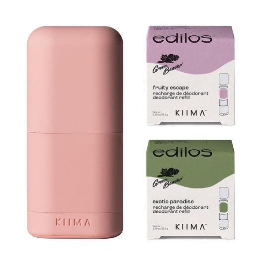 KIIMA Refillable Deodorant Fruity Starter Kit 1 Applicator 2 Refills Edilos Green Beaver Exotic Paradise & Fruity Escape Natural Deodorant formulated without Aluminum or Parabens 38.5g (Pack of 2)