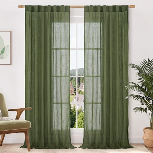 LAMIT Beige Linen Curtains 90 Inch Long for Bedroom Living Room, Soft Thick Back Tab and Rod Pocket Window Drapes Semi Sheer Light Filtering Panels Farmhouse, 52 x 90 Inch, 2 Panels Set
