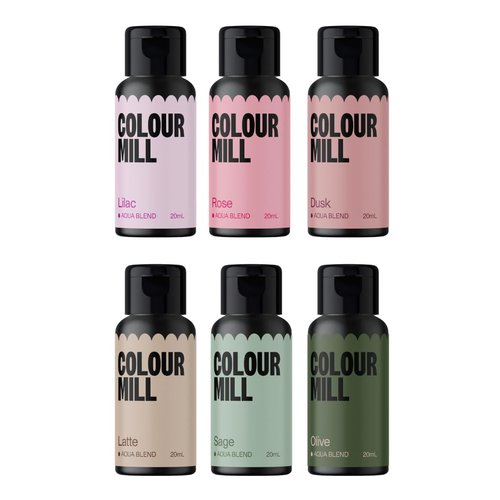 Colour Mill Aqua Blend Water-Based Food Coloring - Botanical Pack, 20ml in Dusk, Latte, Lilac, Olive, Rose & Sage