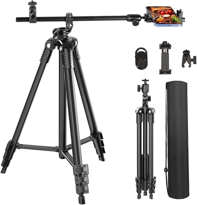 Phone Tripod, Arsoer 67" Adjustable Height Tripod with Horizontal Column and Removable Clip Mount for Overhead Shot, 360° Rotation Stand with Wireless Remote/Carry Bag
