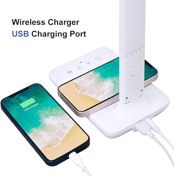 wanjiaone Multifunctional LED Desk Lamp with Wireless Charger,USB Charging Port,Clock,Phone Holder,Desk Lamps for Home Office,Eye-Caring Reading Lamp,Study Lamp for Boys,Girls,Teens,White