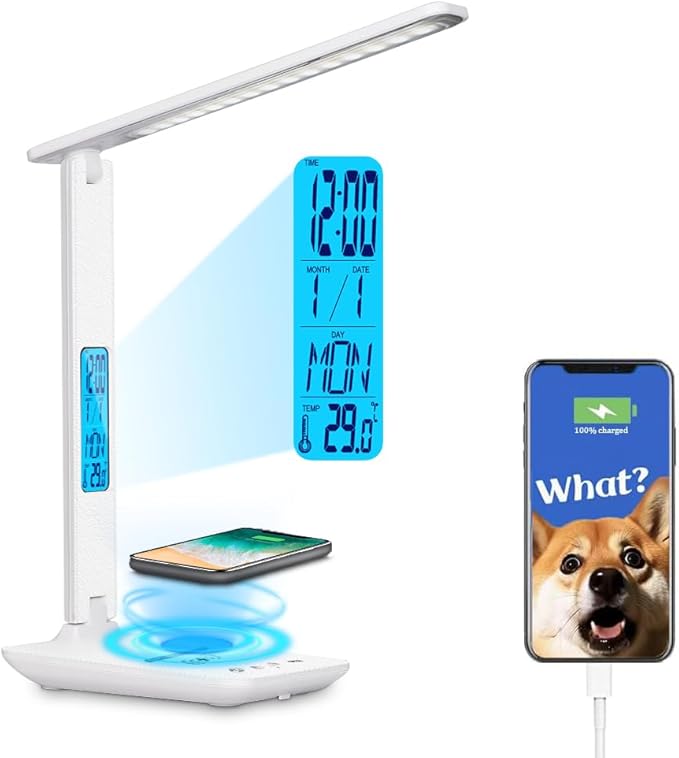 wanjiaone Multifunctional LED Desk Lamp with Wireless Charger,USB Charging Port,Clock,Phone Holder,Desk Lamps for Home Office,Eye-Caring Reading Lamp,Study Lamp for Boys,Girls,Teens,White