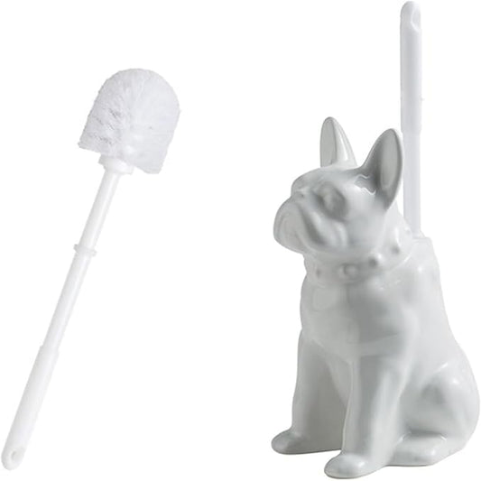 Shar Pei Dog Toilet Brush Holder - White Ceramic Bathroom Decor with Durable Brush, Giftable Foam Packaging